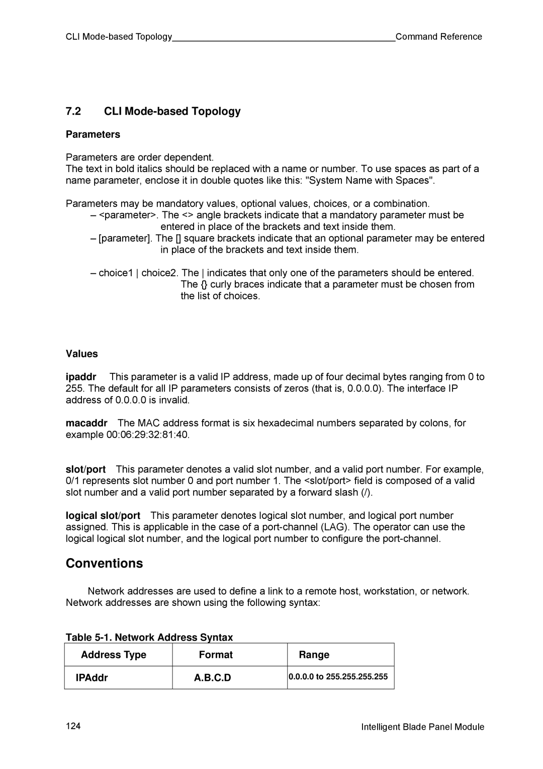 Fujitsu BX600 manual CLI Mode-based Topology, Parameters, Values, Network Address Syntax Address Type Format Range IPAddr 