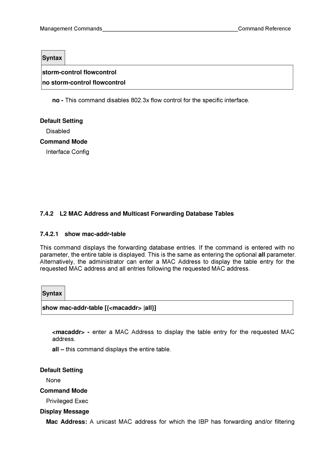 Fujitsu BX600 manual Syntax Show mac-addr-table macaddr all, Display Message 