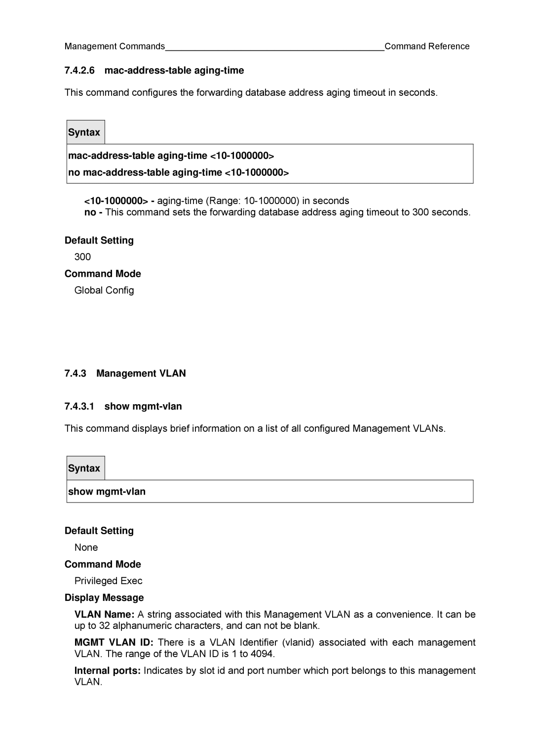 Fujitsu BX600 manual Mac-address-table aging-time, Management Vlan Show mgmt-vlan 