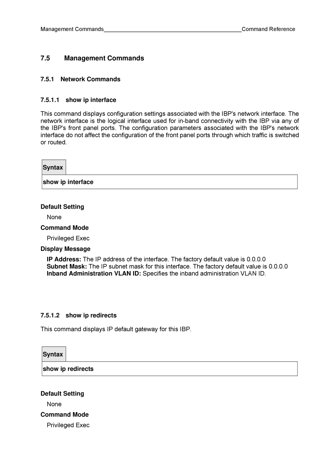 Fujitsu BX600 manual Management Commands, Network Commands Show ip interface, Show ip redirects 