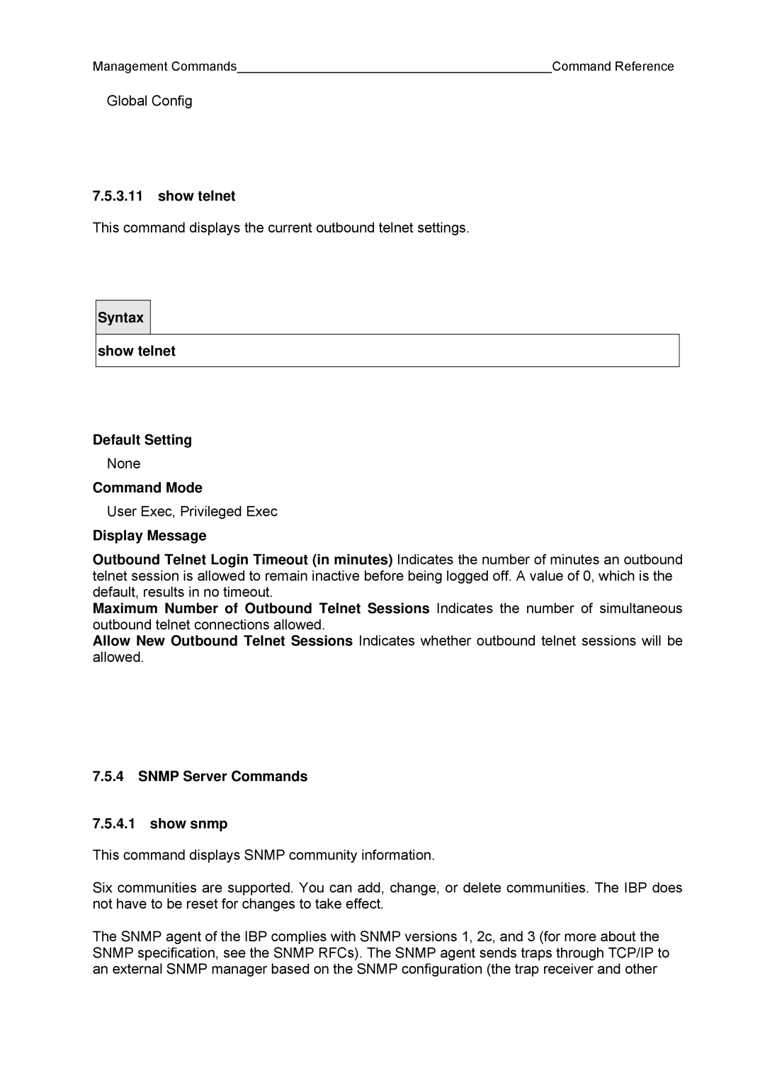 Fujitsu BX600 manual Show telnet, Snmp Server Commands Show snmp 