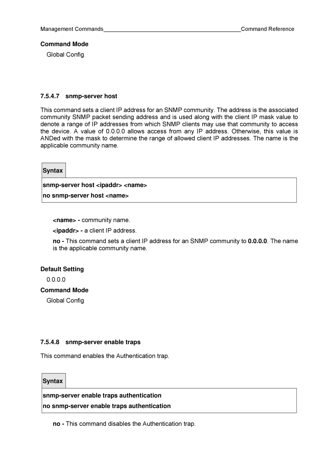 Fujitsu BX600 manual Snmp-server host ipaddr name no snmp-server host name, Snmp-server enable traps 