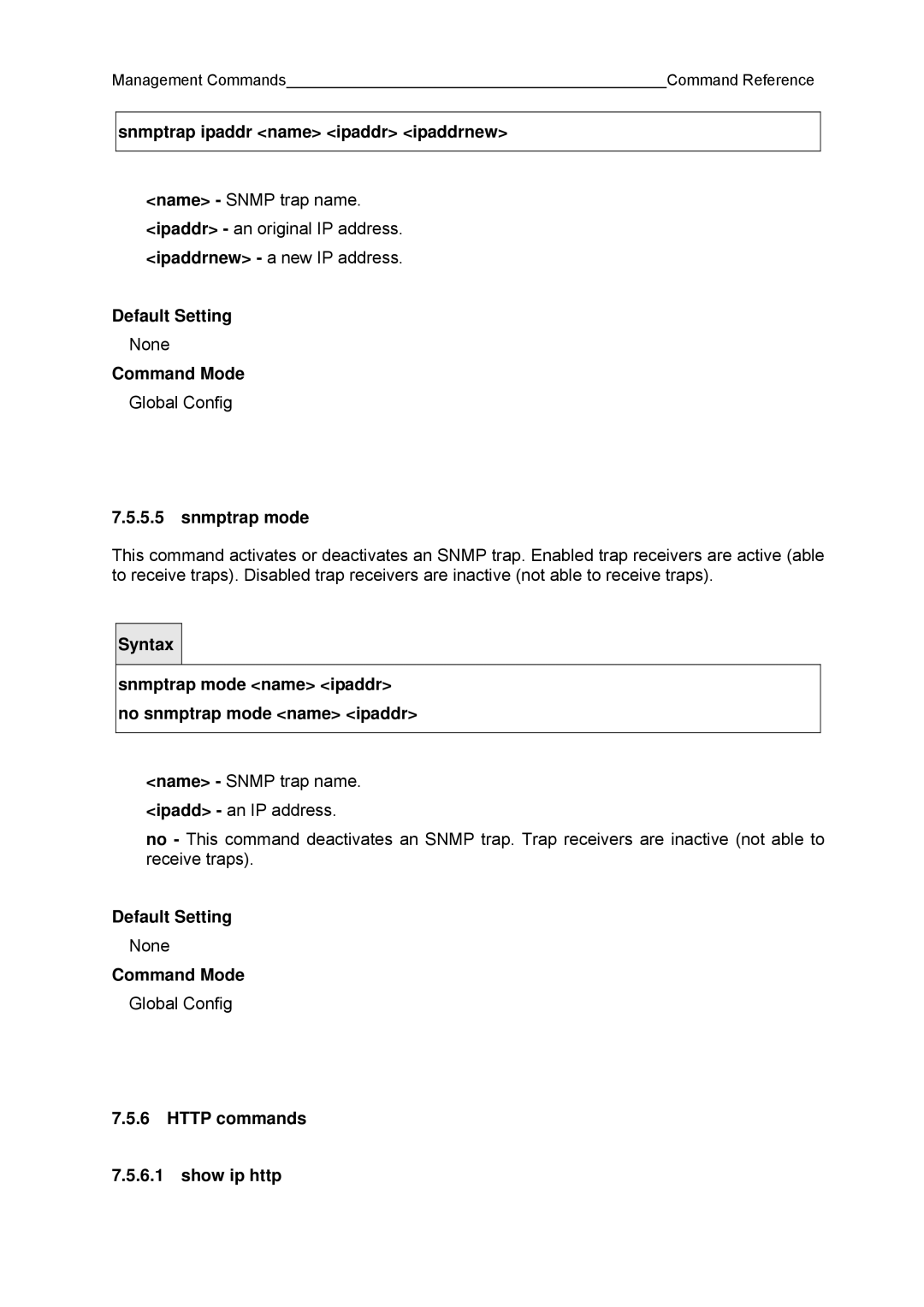 Fujitsu BX600 manual Snmptrap ipaddr name ipaddr ipaddrnew, Snmptrap mode name ipaddr no snmptrap mode name ipaddr 