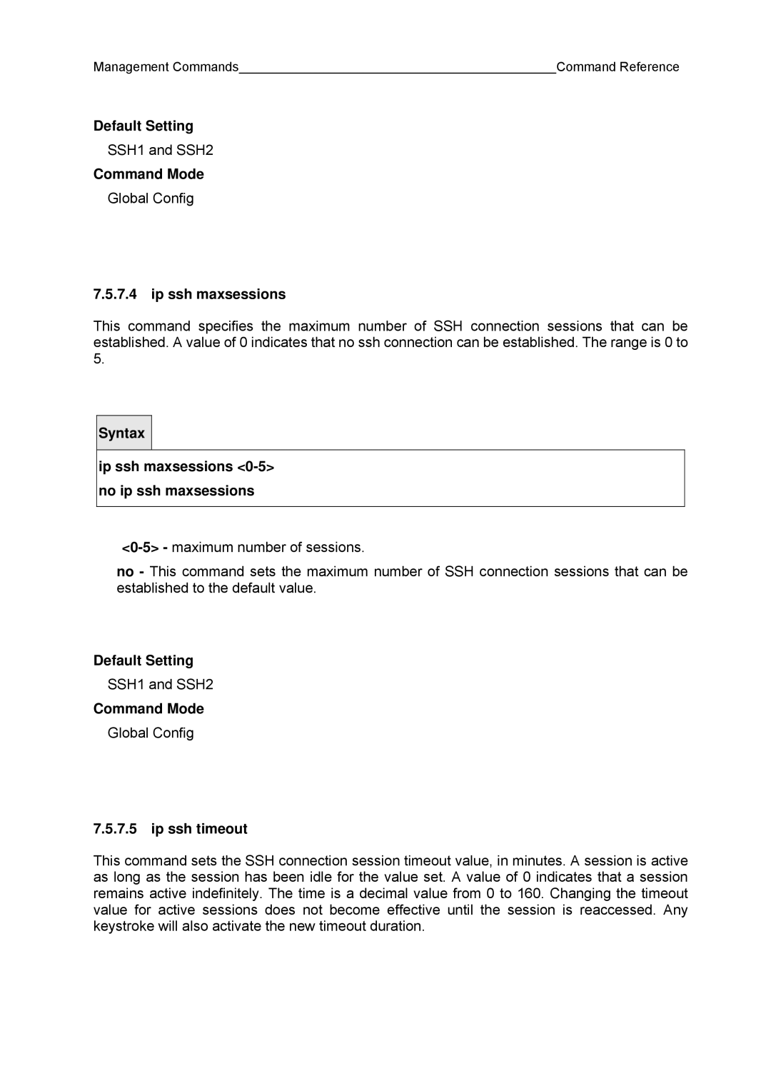 Fujitsu BX600 manual Ip ssh maxsessions 0-5 no ip ssh maxsessions, Ip ssh timeout 