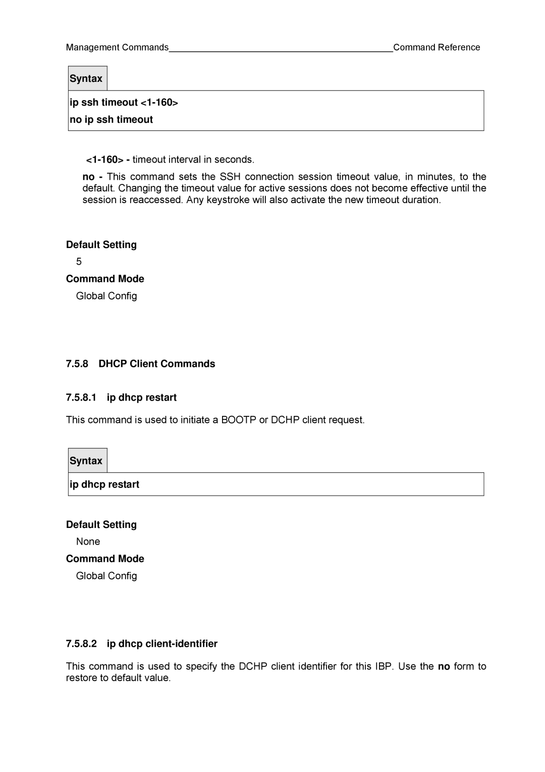 Fujitsu BX600 Ip ssh timeout 1-160 no ip ssh timeout, Dhcp Client Commands Ip dhcp restart, Ip dhcp client-identifier 