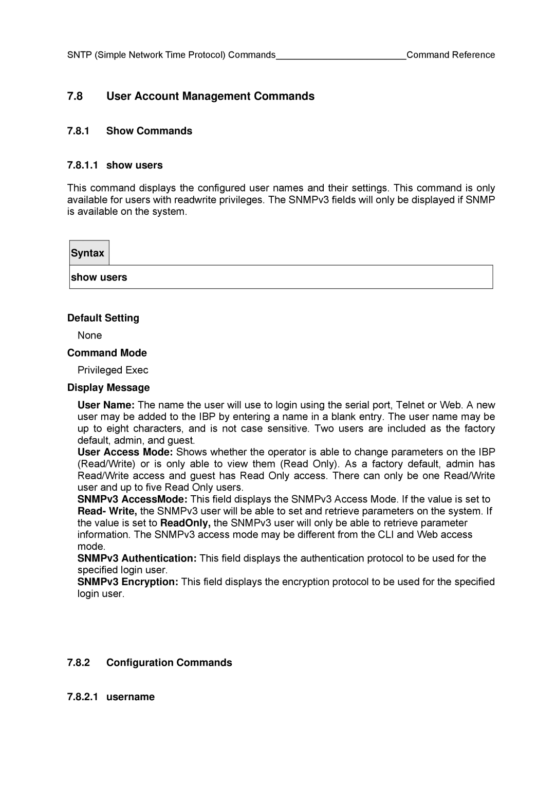 Fujitsu BX600 manual User Account Management Commands, Show Commands Show users, Configuration Commands Username 