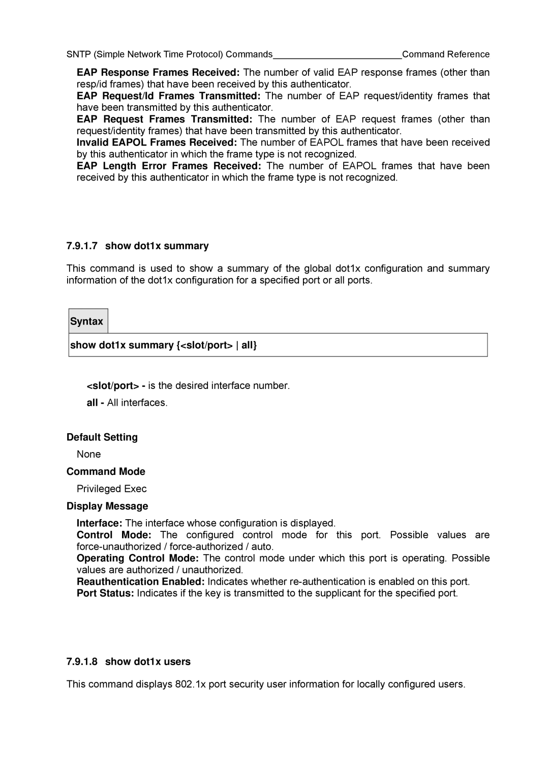 Fujitsu BX600 manual Show dot1x summary slot/port all, Show dot1x users 