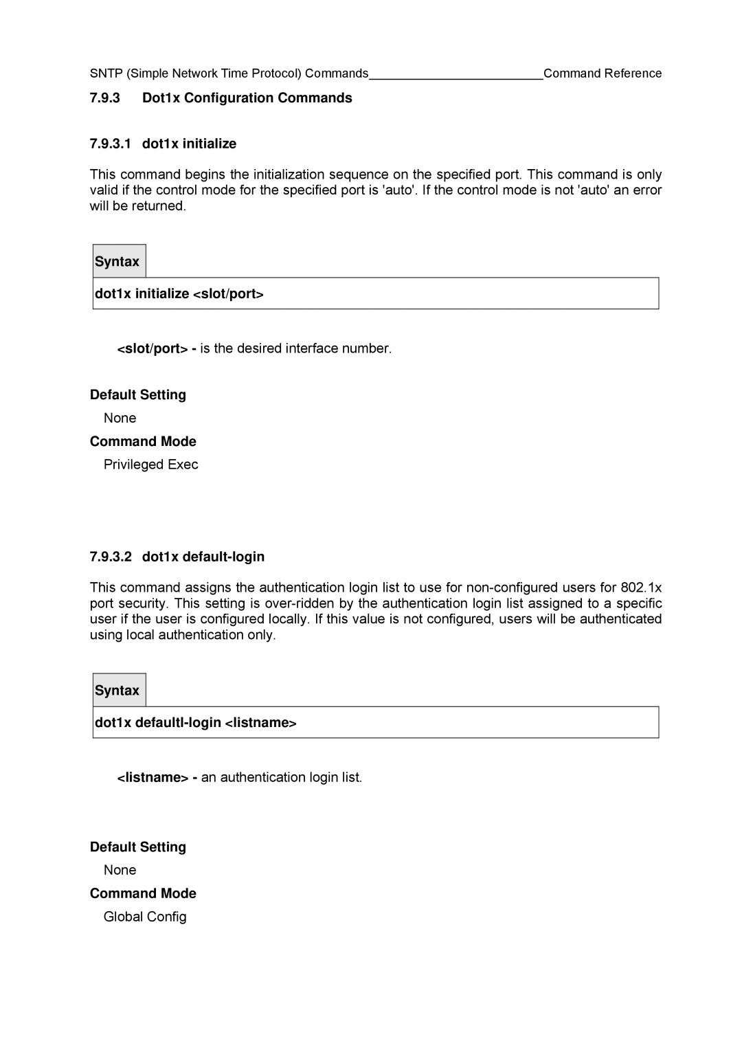 Fujitsu BX600 manual 3 Dot1x Configuration Commands 3.1 dot1x initialize, 3.2 dot1x default-login 