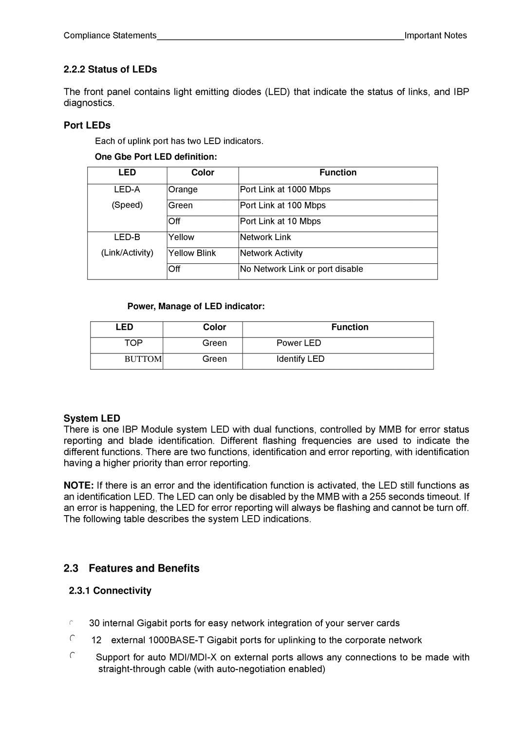 Fujitsu BX600 manual Features and Benefits, Status of LEDs, Port LEDs, System LED, Connectivity 