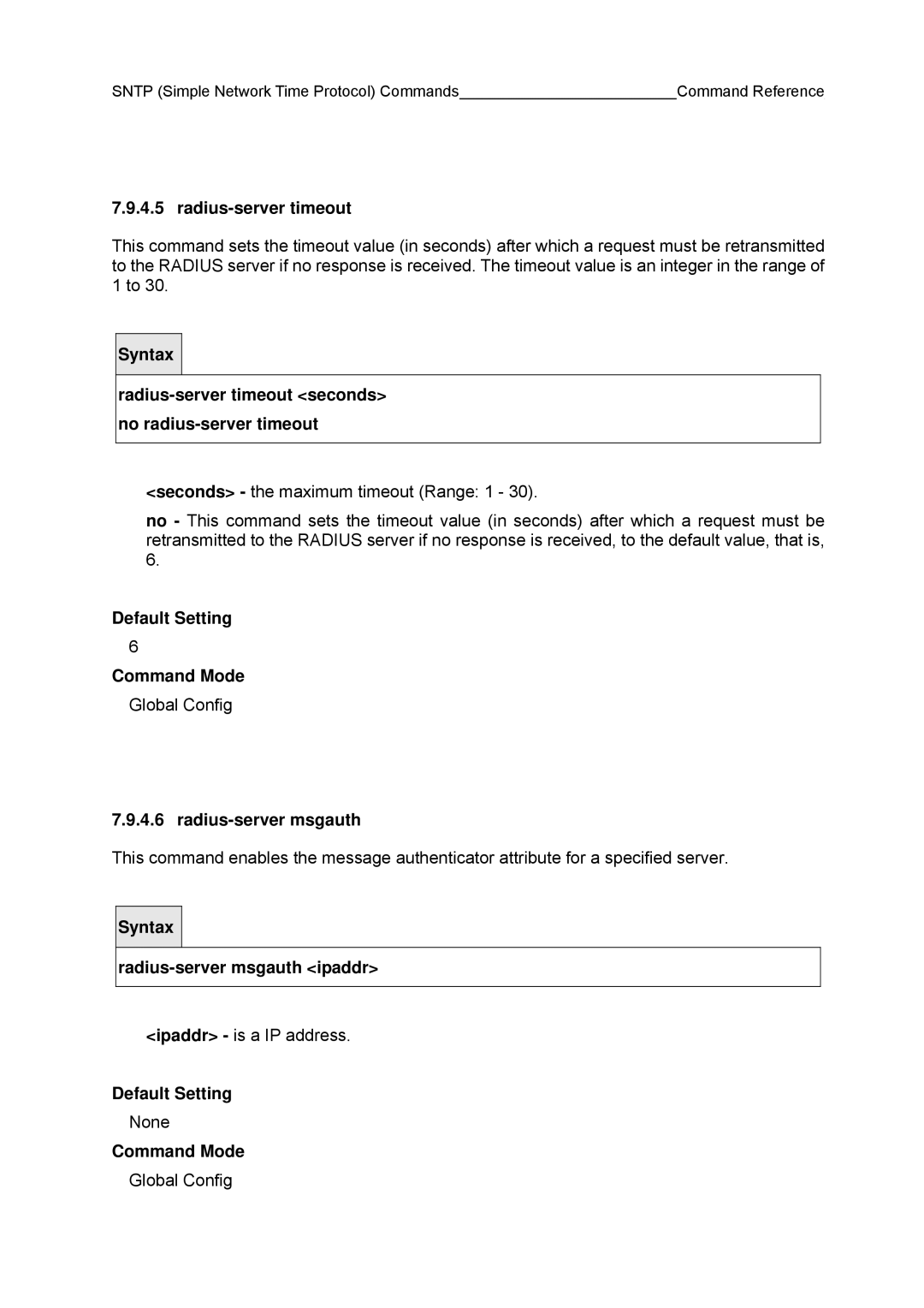 Fujitsu BX600 manual Radius-server timeout seconds no radius-server timeout, Radius-server msgauth 