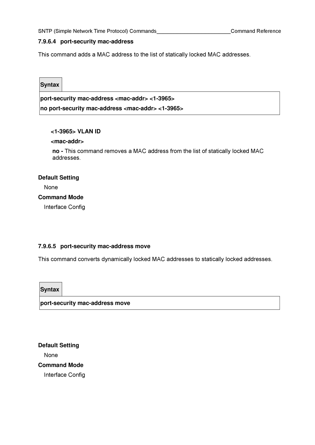 Fujitsu BX600 manual Syntax Port-security mac-address move Default Setting 