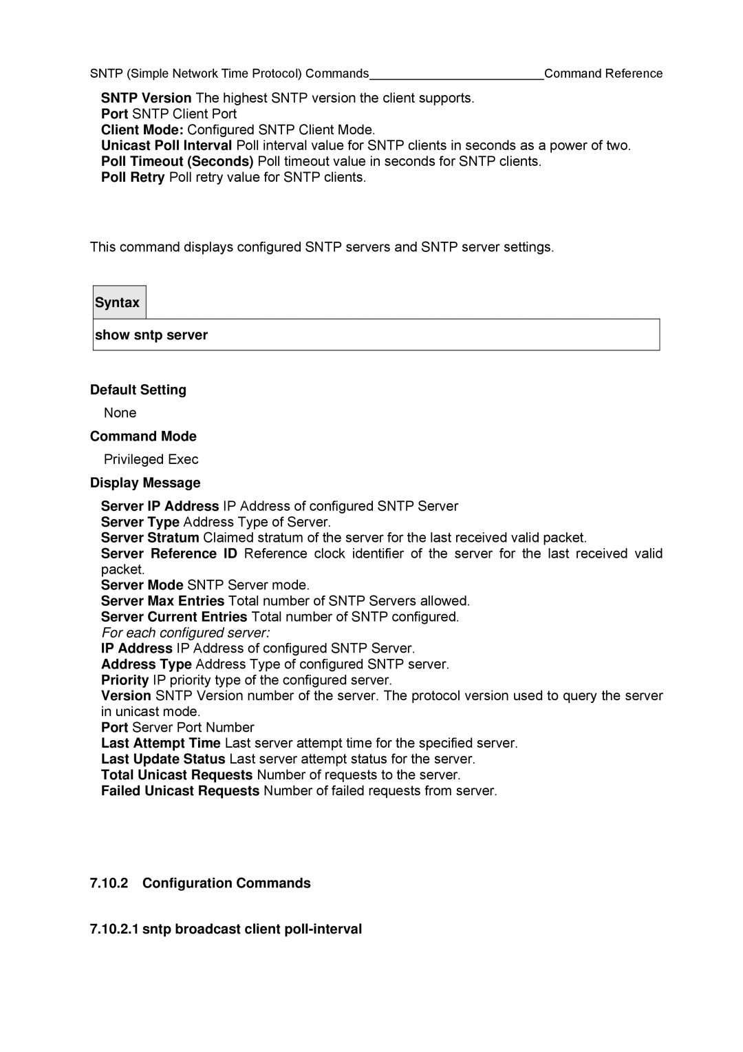 Fujitsu BX600 manual Configuration Commands Sntp broadcast client poll-interval 