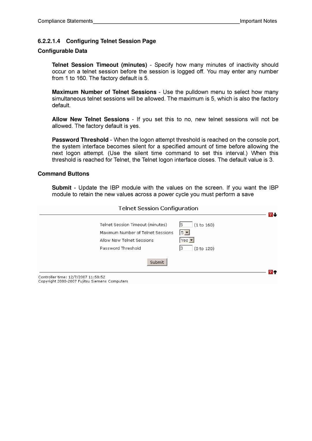 Fujitsu BX600 manual Configuring Telnet Session Page Configurable Data 