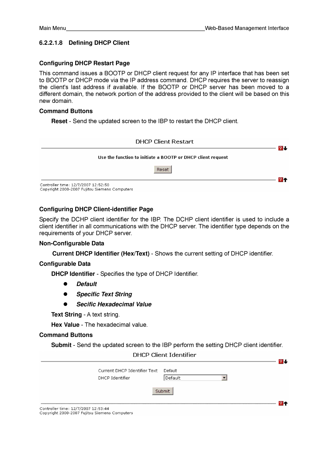 Fujitsu BX600 manual Defining Dhcp Client Configuring Dhcp Restart, Configuring Dhcp Client-identifier 