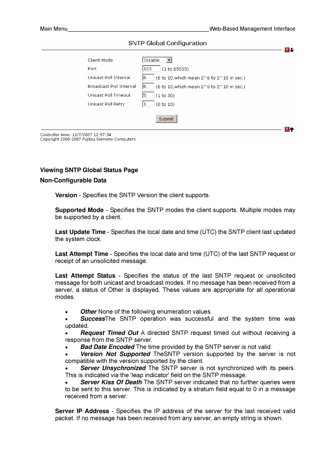 Fujitsu BX600 manual Viewing Sntp Global Status Non-Configurable Data 