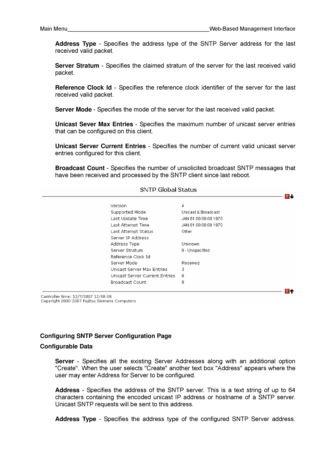 Fujitsu BX600 manual Configuring Sntp Server Configuration Configurable Data 