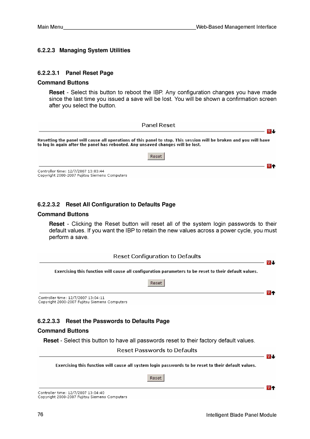 Fujitsu BX600 Managing System Utilities Panel Reset Command Buttons, Reset the Passwords to Defaults Page Command Buttons 