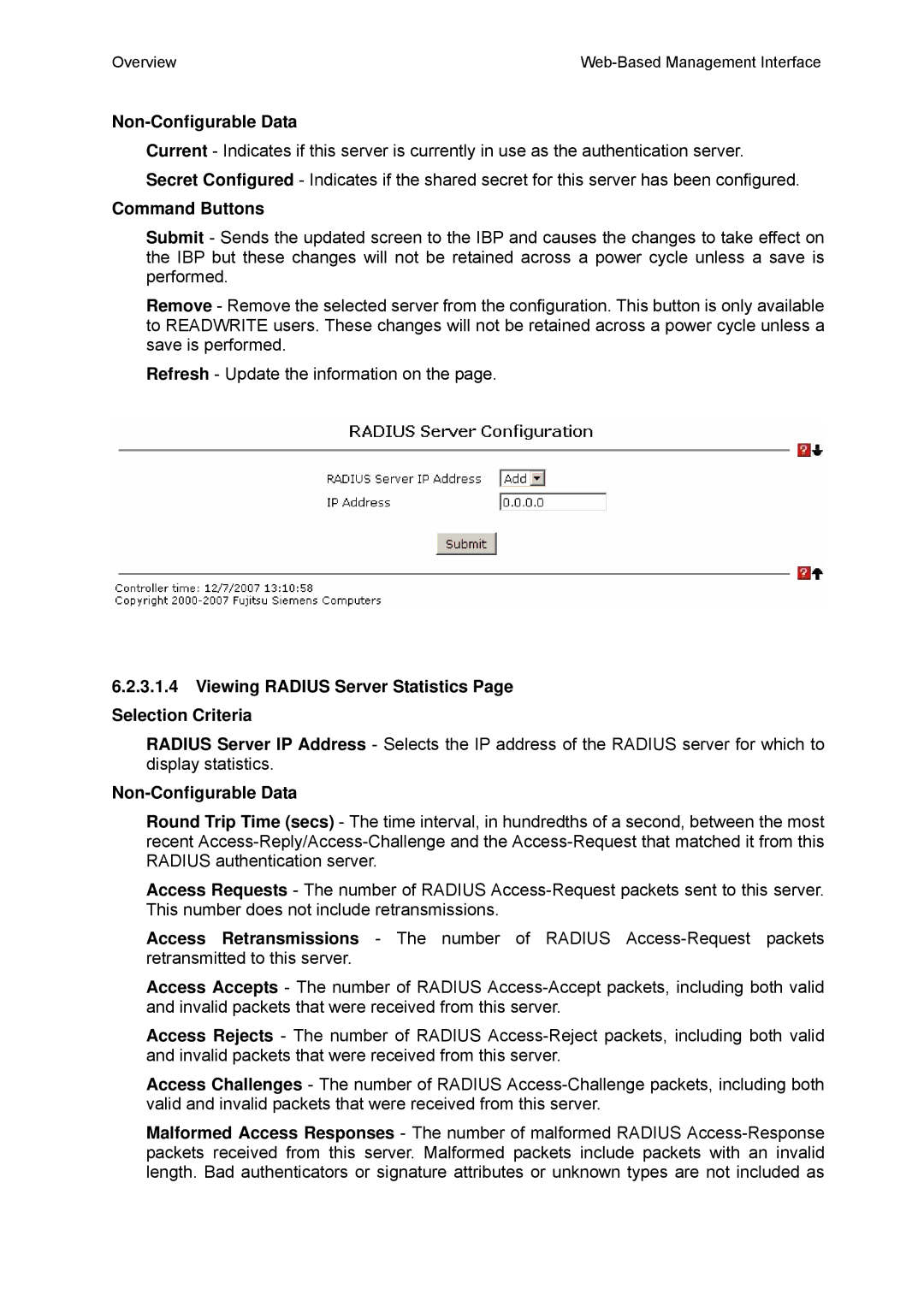 Fujitsu BX600 manual Viewing Radius Server Statistics Page Selection Criteria 