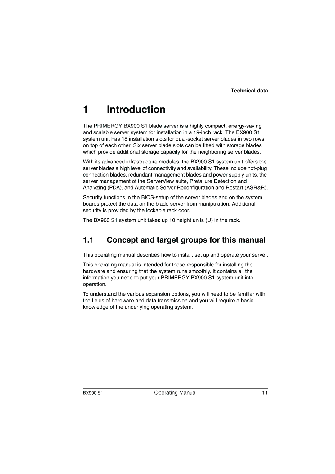 Fujitsu BX900 S1 Concept and target groups for this manual, Technical data 