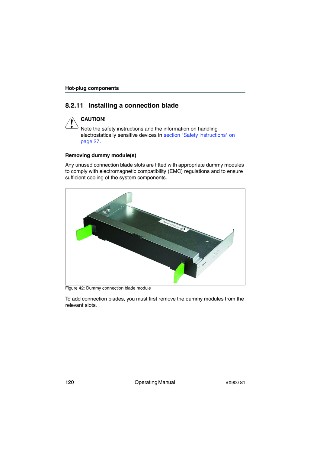 Fujitsu BX900 S1 manual Installing a connection blade, Removing dummy modules 