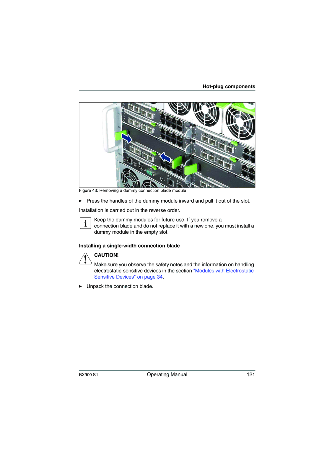 Fujitsu BX900 S1 manual Installing a single-width connection blade, Removing a dummy connection blade module 