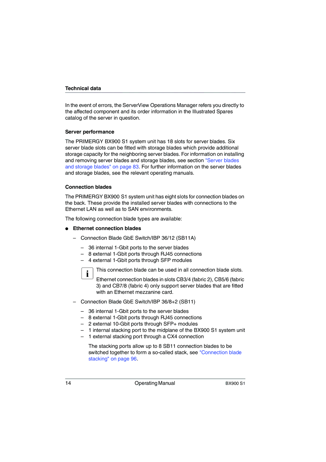 Fujitsu BX900 S1 manual Server performance, Connection blades, Ethernet connection blades 