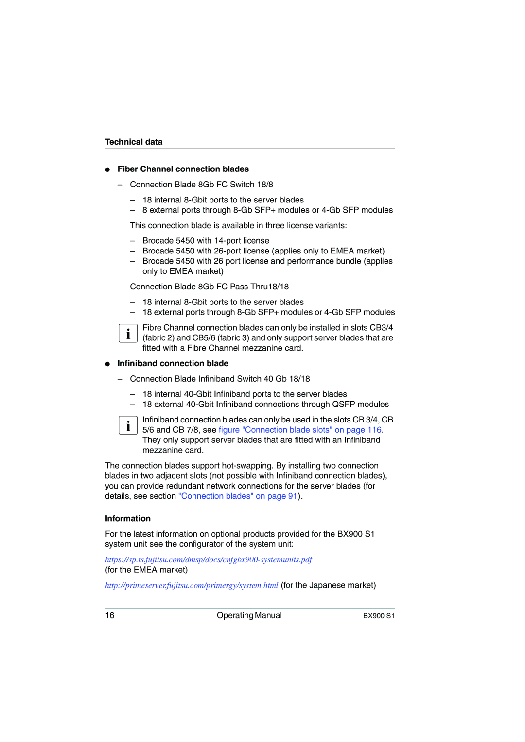 Fujitsu BX900 S1 manual Technical data Fiber Channel connection blades, Infiniband connection blade, Information 