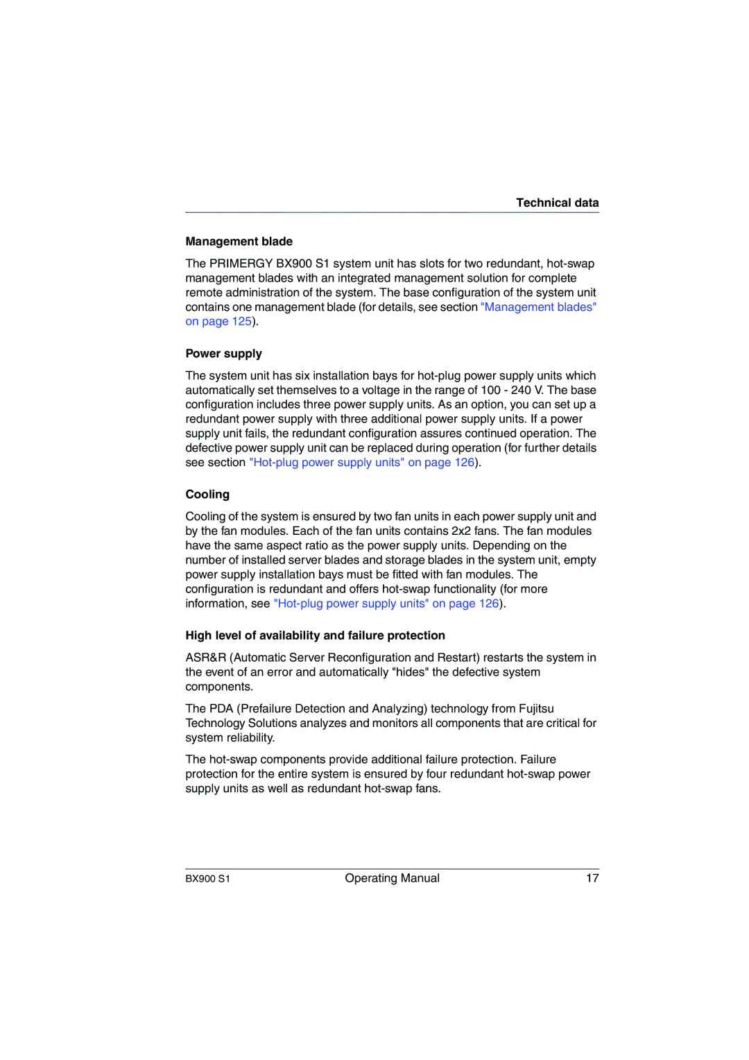 Fujitsu BX900 S1 Technical data Management blade, Power supply, Cooling, High level of availability and failure protection 