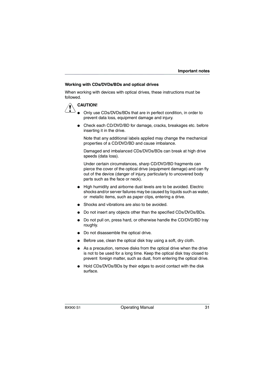 Fujitsu BX900 S1 manual Important notes Working with CDs/DVDs/BDs and optical drives 