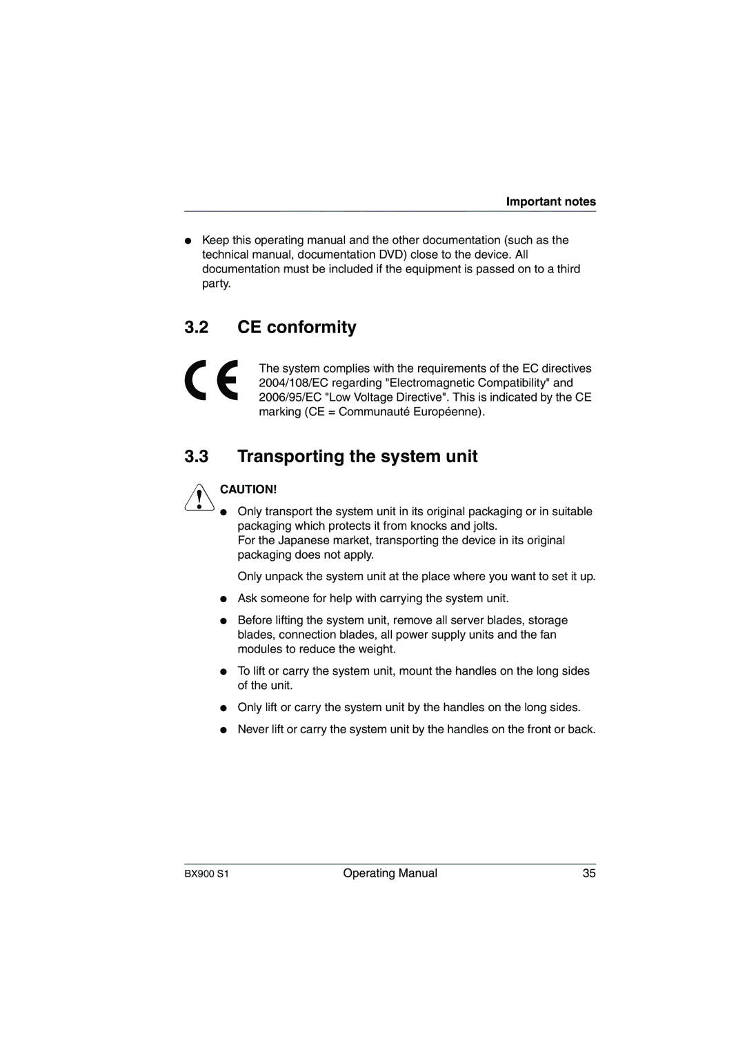 Fujitsu BX900 S1 manual CE conformity, Transporting the system unit 