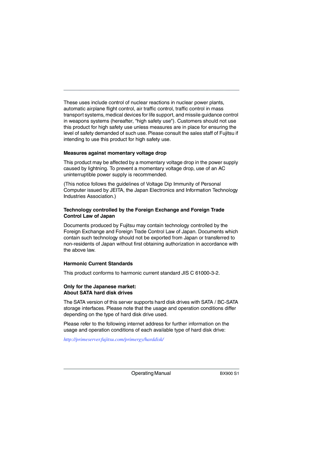 Fujitsu BX900 S1 manual Measures against momentary voltage drop, Harmonic Current Standards 