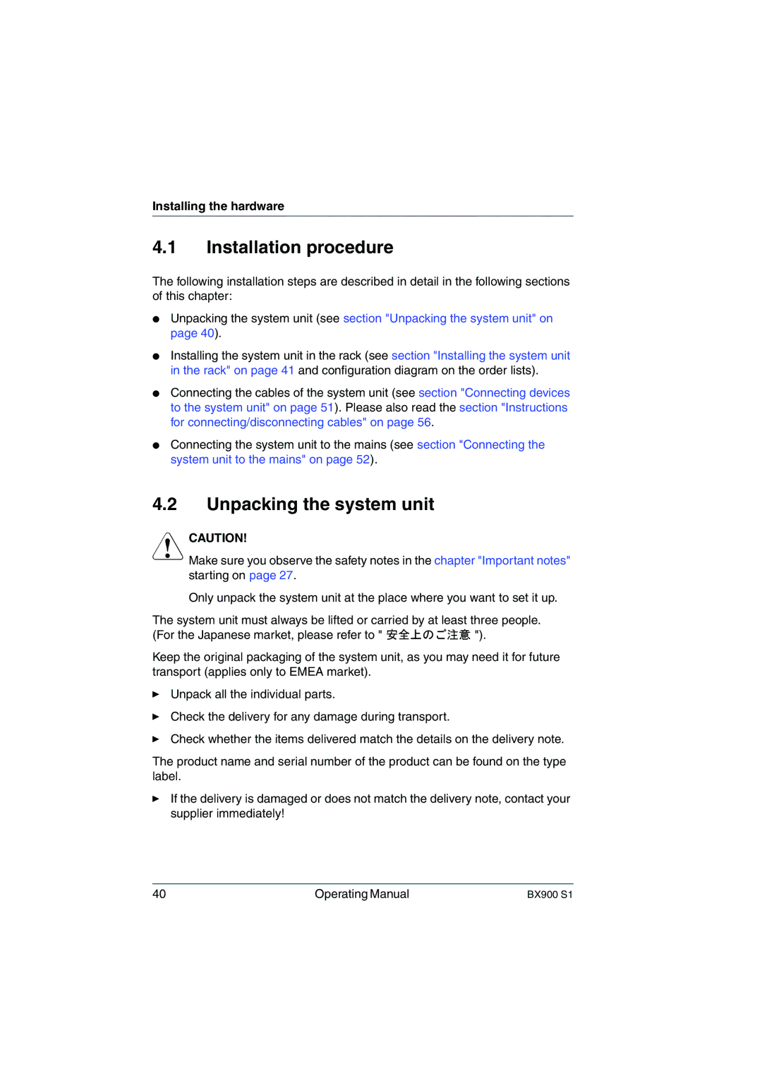 Fujitsu BX900 S1 manual Installation procedure, Unpacking the system unit, Installing the hardware 