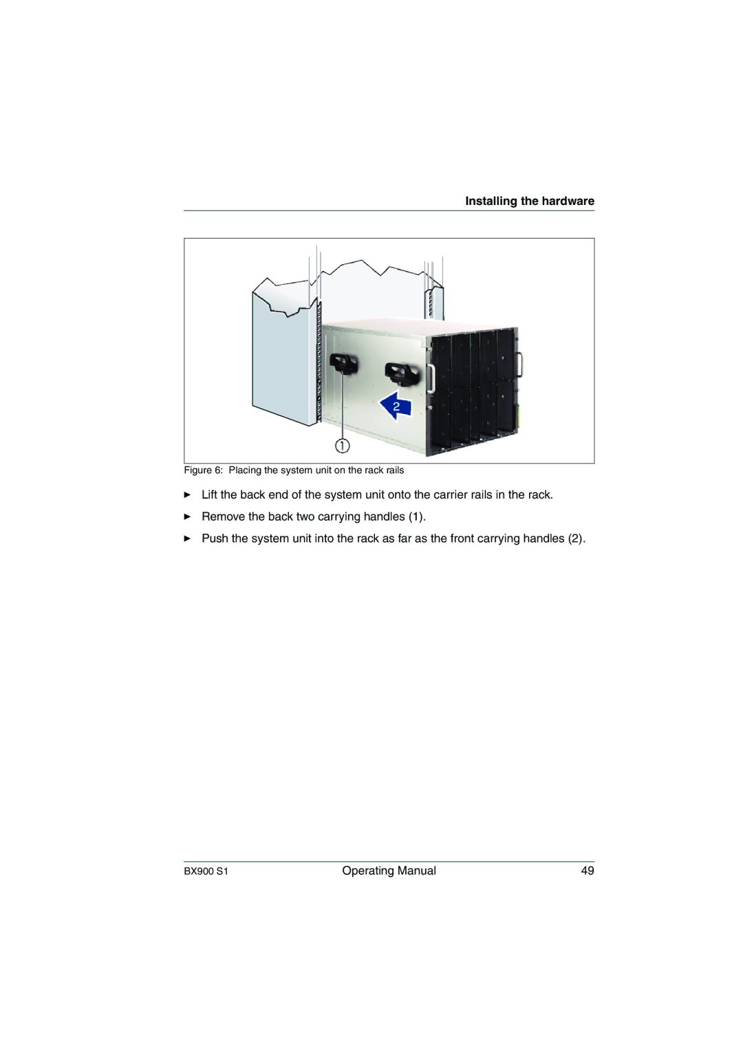 Fujitsu BX900 S1 manual Placing the system unit on the rack rails 