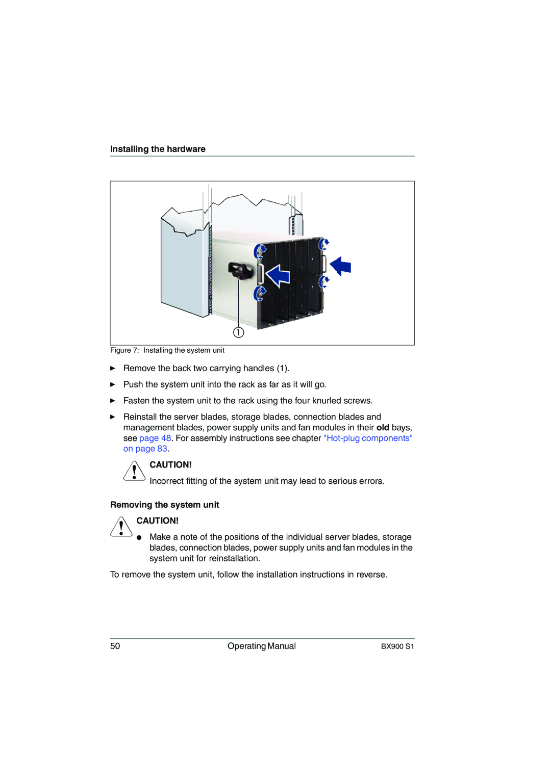 Fujitsu BX900 S1 manual Removing the system unit, Installing the system unit 