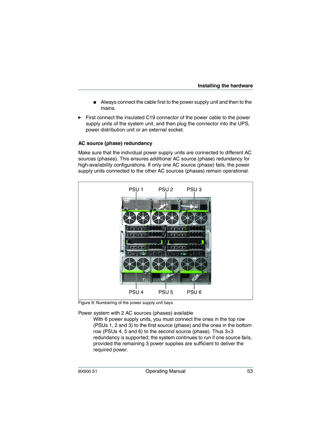 Fujitsu BX900 S1 manual AC source phase redundancy, Numbering of the power supply unit bays 