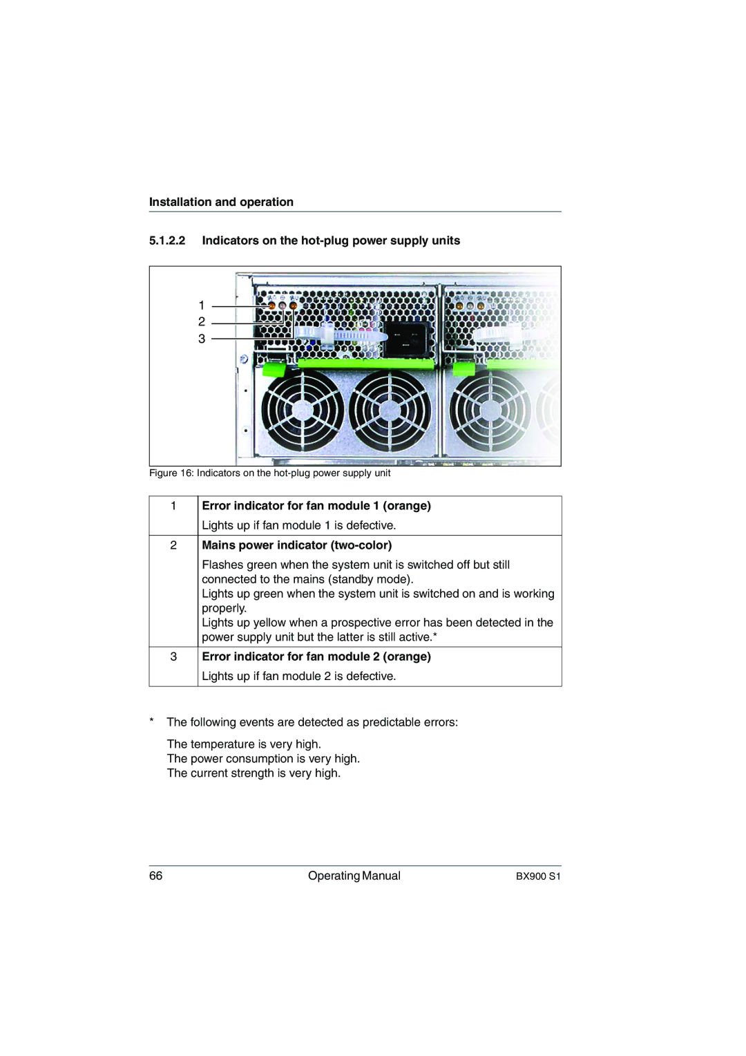 Fujitsu BX900 S1 manual Mains power indicator two-color, Error indicator for fan module 2 orange 