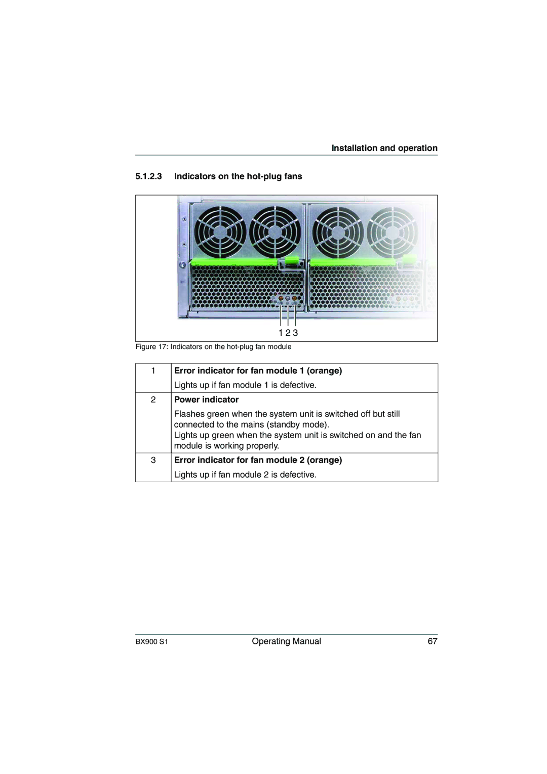 Fujitsu BX900 S1 manual Installation and operation Indicators on the hot-plug fans, Power indicator 