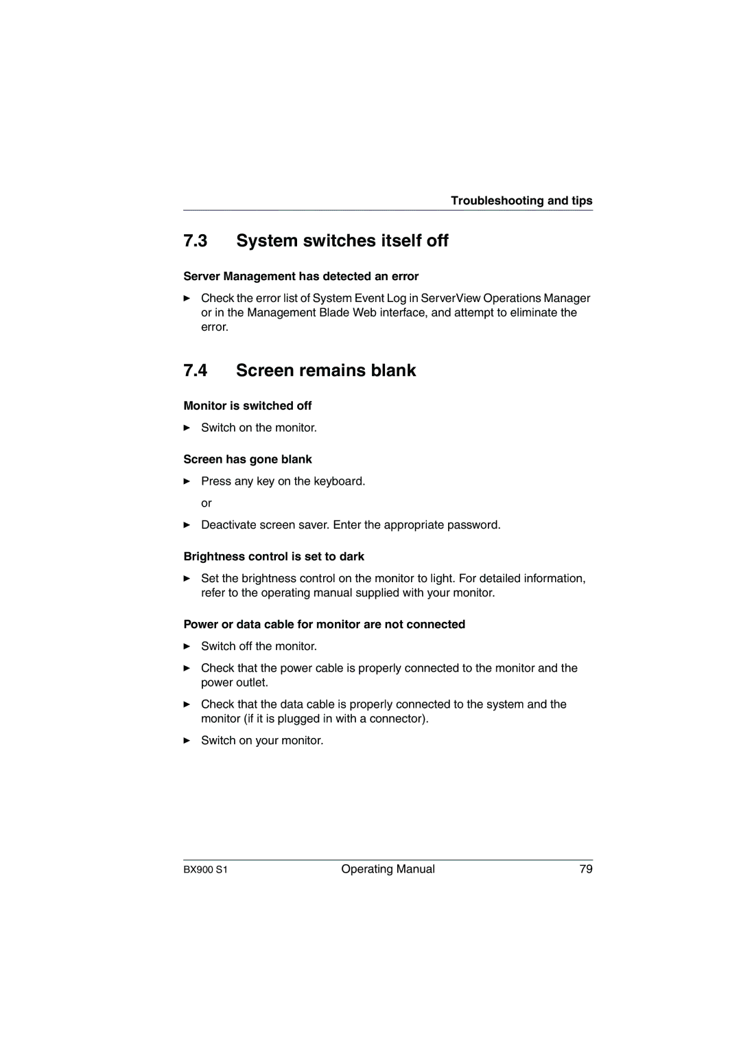 Fujitsu BX900 S1 manual System switches itself off, Screen remains blank 