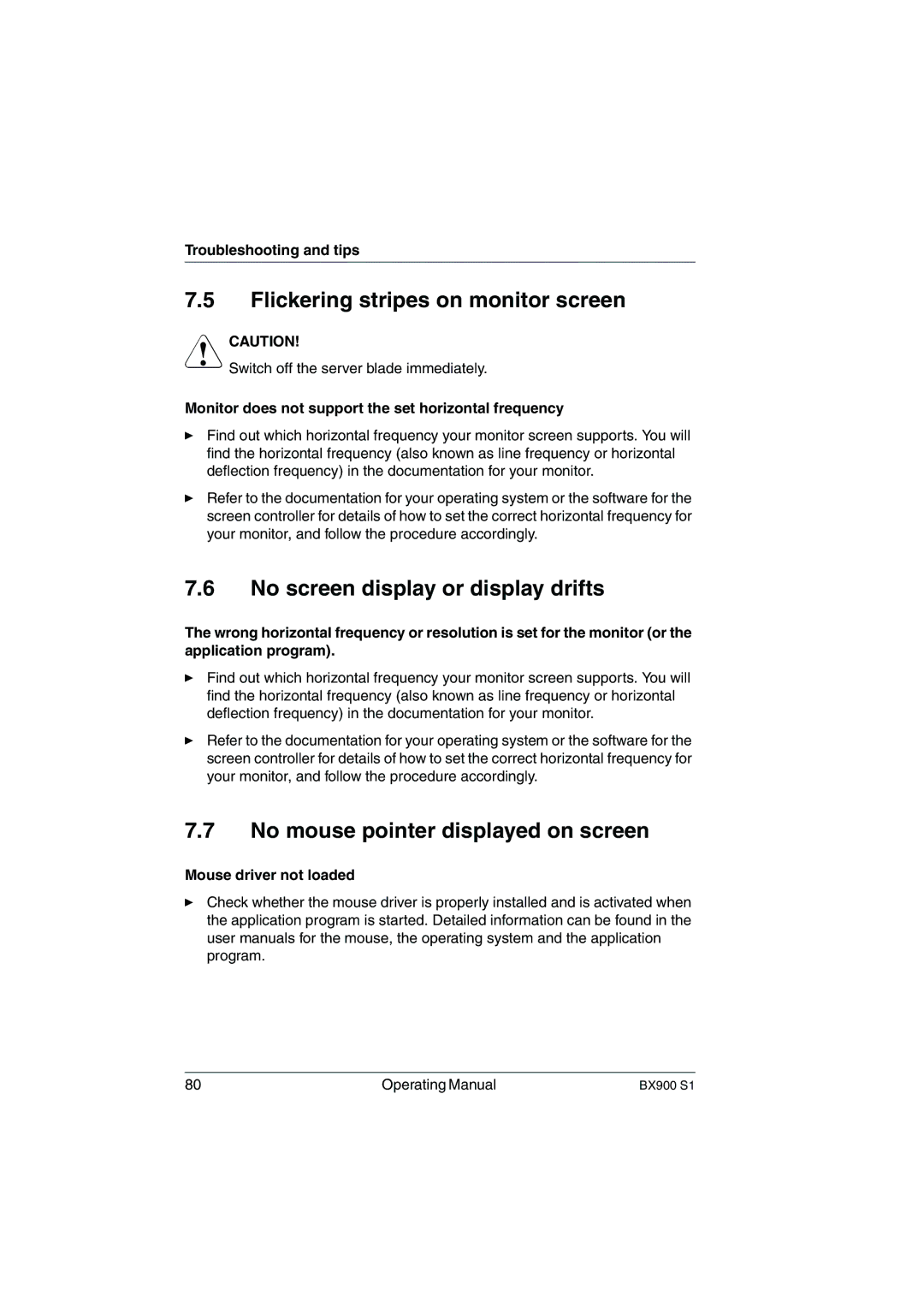 Fujitsu BX900 S1 manual Flickering stripes on monitor screen, No screen display or display drifts, Mouse driver not loaded 
