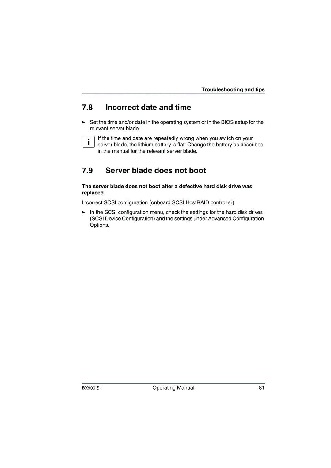 Fujitsu BX900 S1 manual Incorrect date and time, Server blade does not boot 