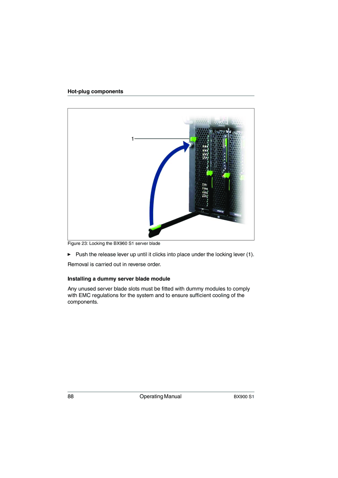 Fujitsu BX900 S1 manual Installing a dummy server blade module, Locking the BX960 S1 server blade 