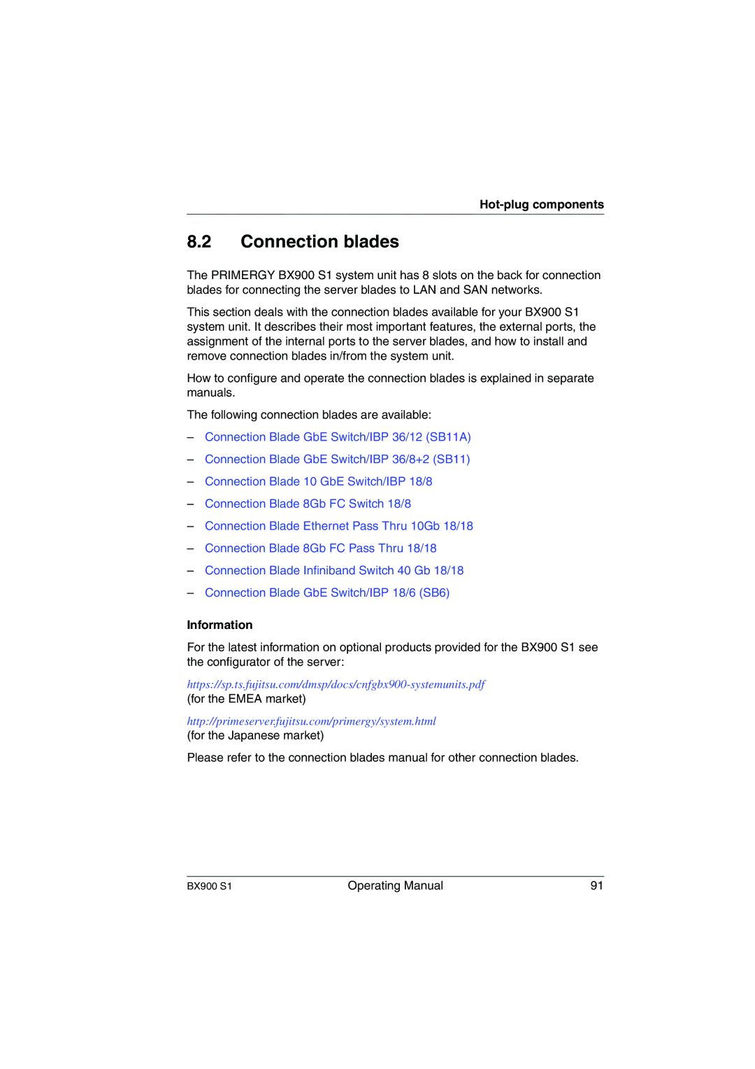 Fujitsu BX900 S1 manual Connection blades, Information 