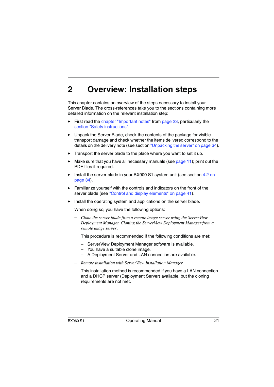 Fujitsu BX960 S1 manual Overview Installation steps, Remote installation with ServerView Installation Manager 