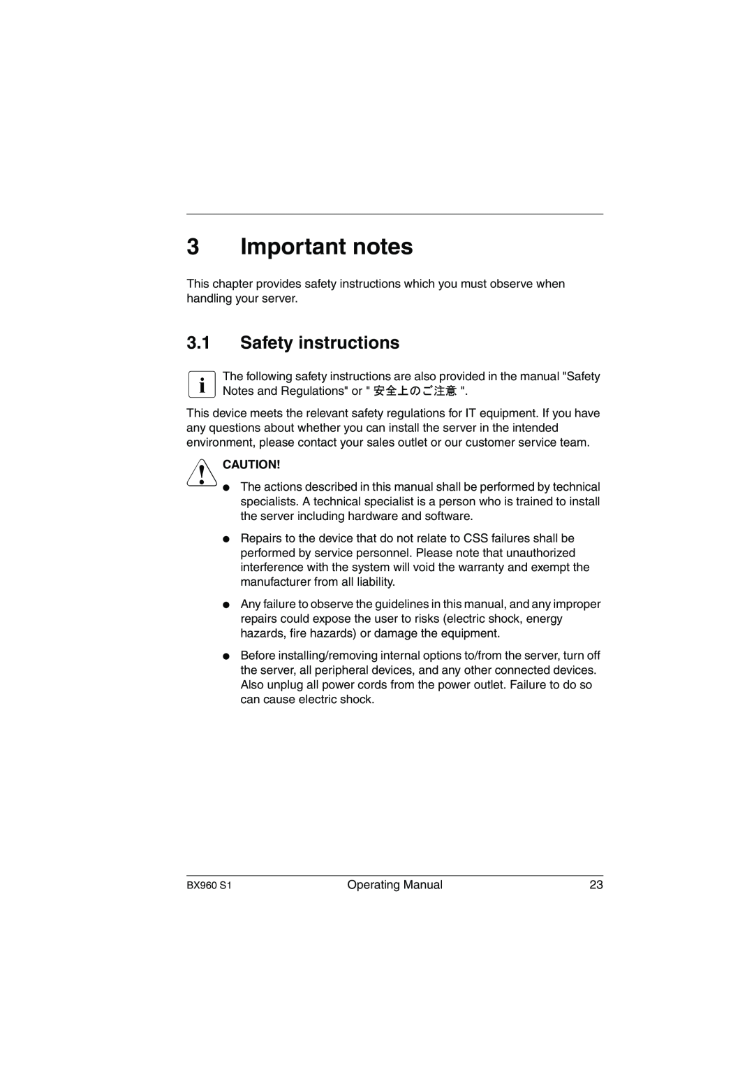 Fujitsu BX960 S1 manual Important notes, Safety instructions, V Caution 