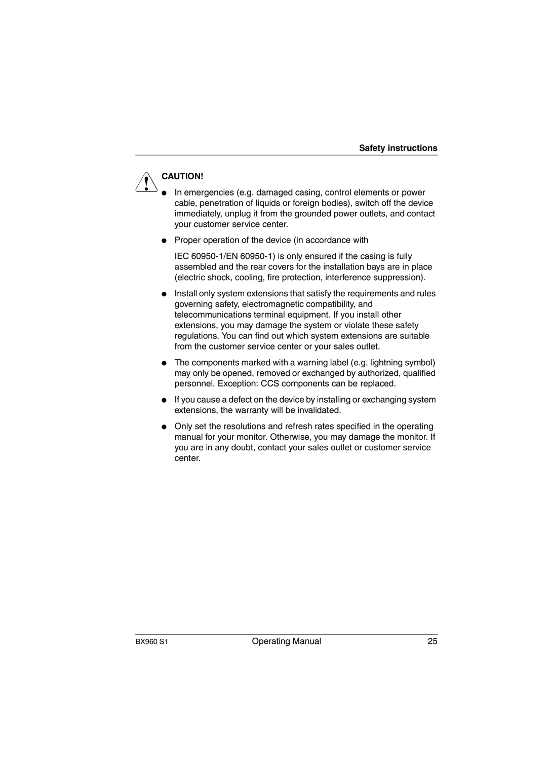 Fujitsu BX960 S1 manual Safety instructions V CAUTION 