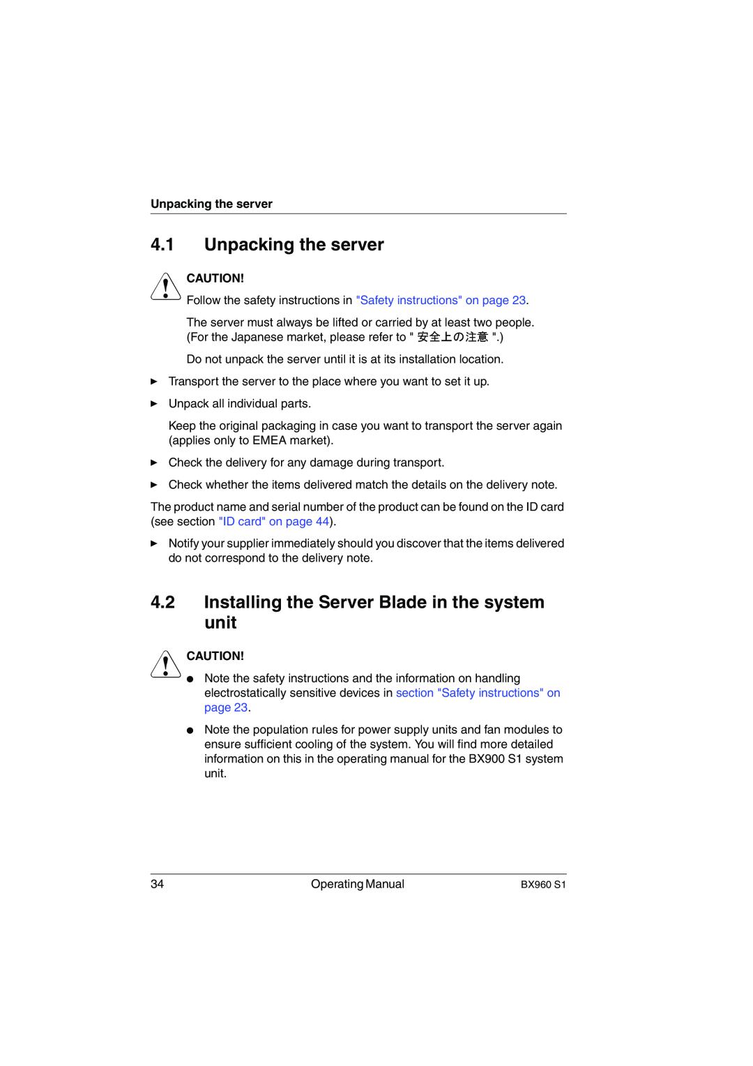Fujitsu BX960 S1 manual Unpacking the server, Installing the Server Blade in the system unit, V Caution 