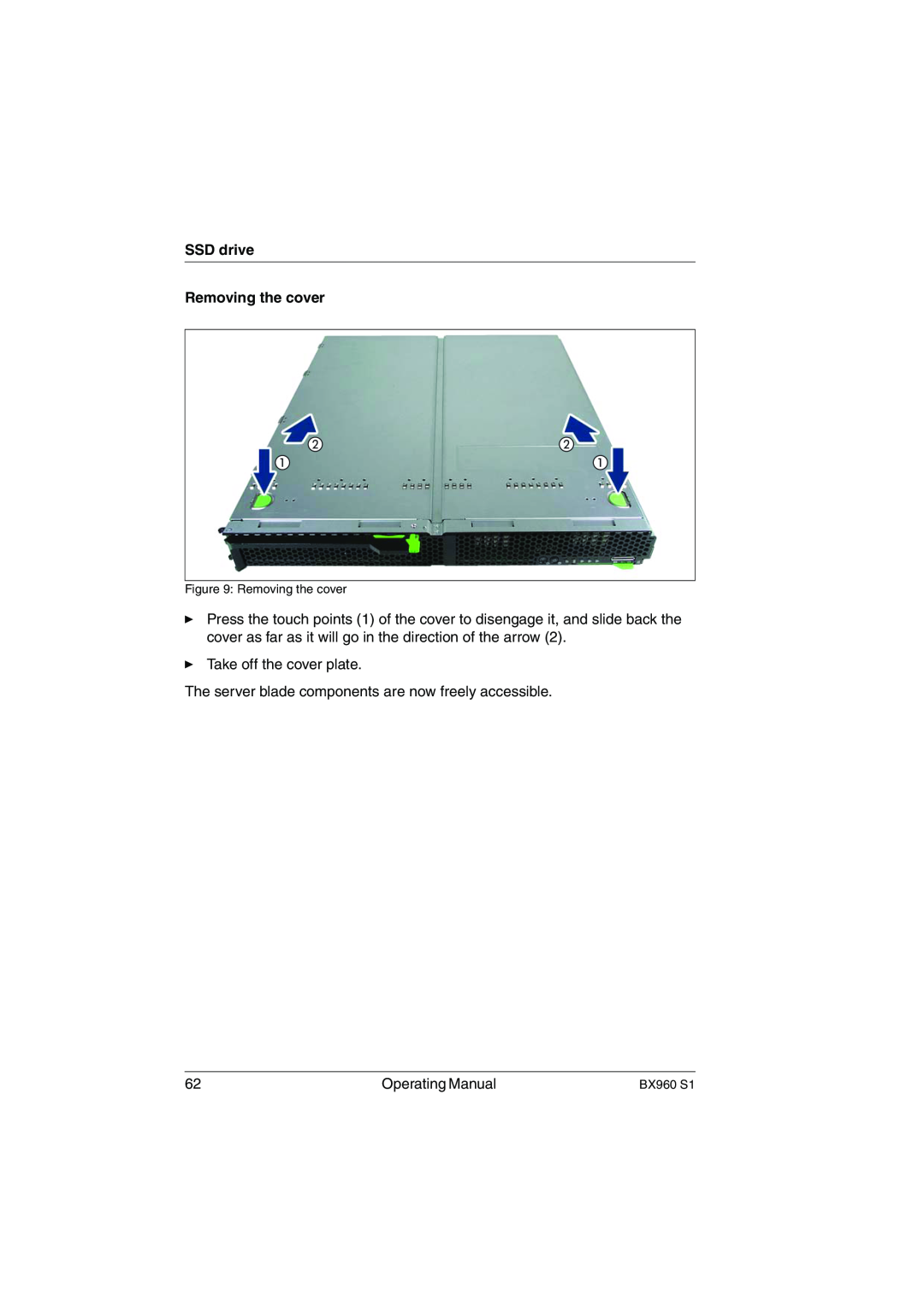 Fujitsu BX960 S1 manual Removing the cover, SSD drive, Ê Take off the cover plate, Operating Manual 