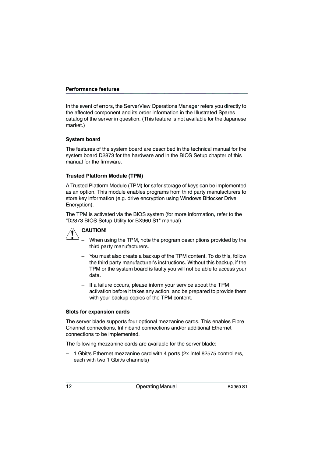 Fujitsu BX960 S1 manual Performance features, System board, Trusted Platform Module TPM, Slots for expansion cards 
