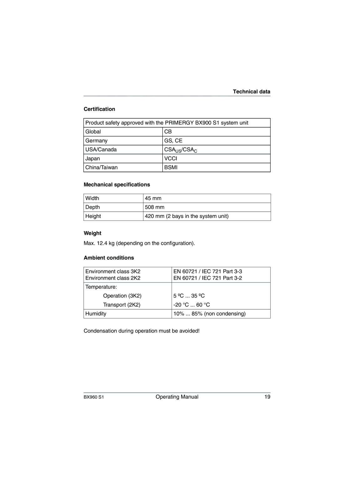 Fujitsu BX960 S1 manual Technical data Certification, Mechanical specifications, Weight, Ambient conditions 