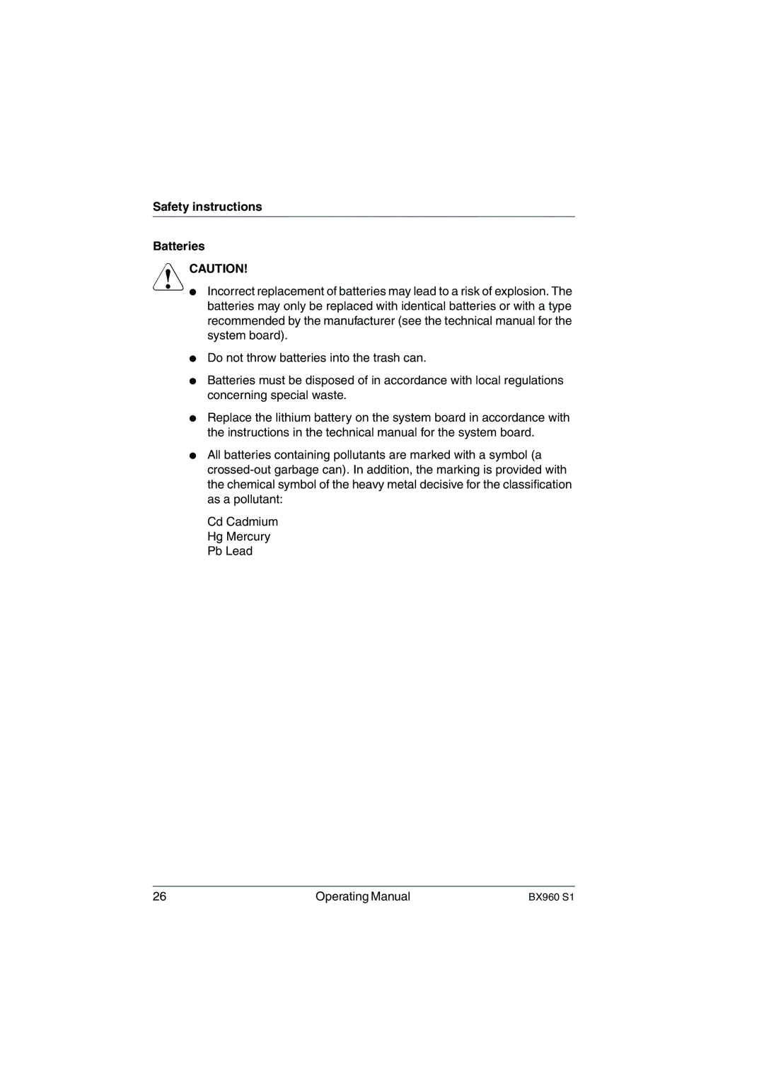 Fujitsu BX960 S1 manual Safety instructions Batteries 